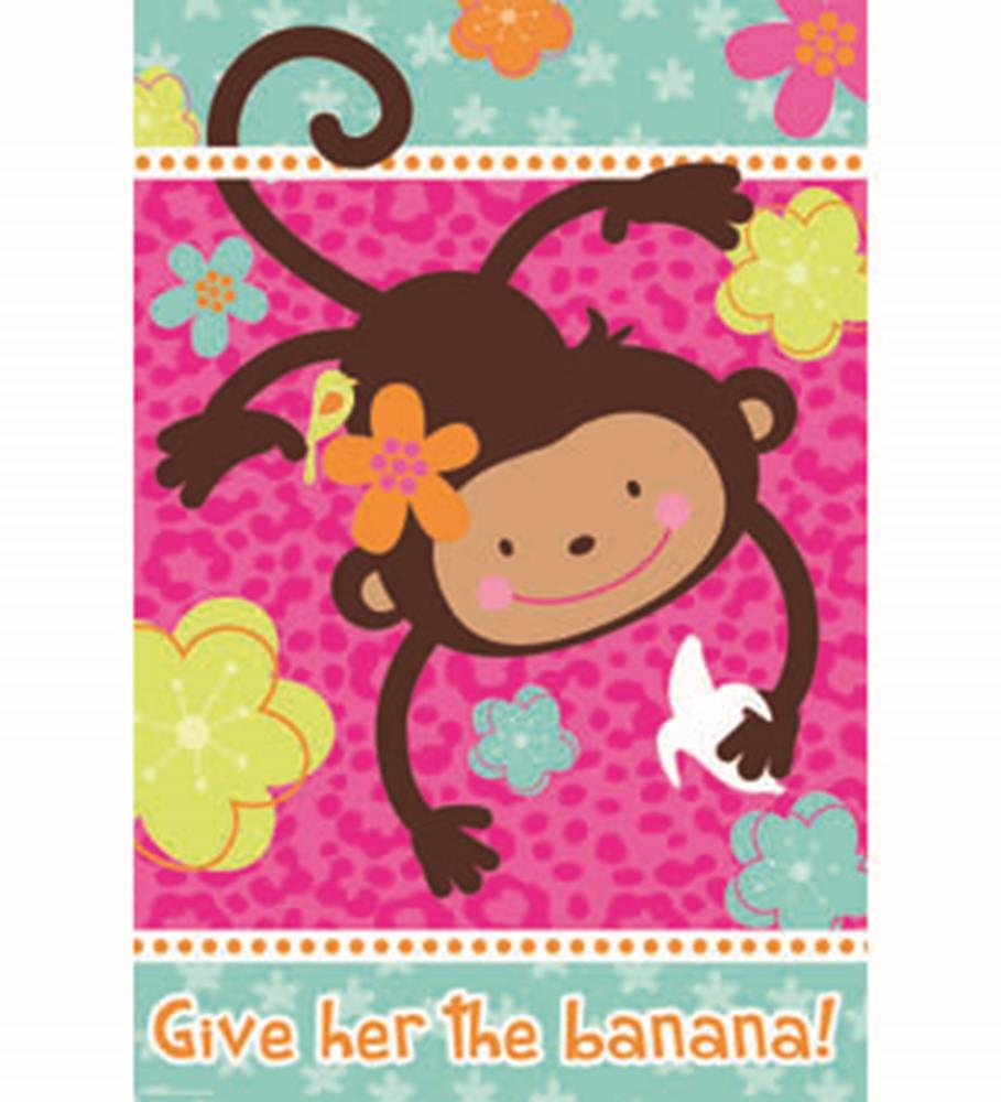 Colorful game box with playful monkey holding a banana, decorated with flowers and bright pink background.