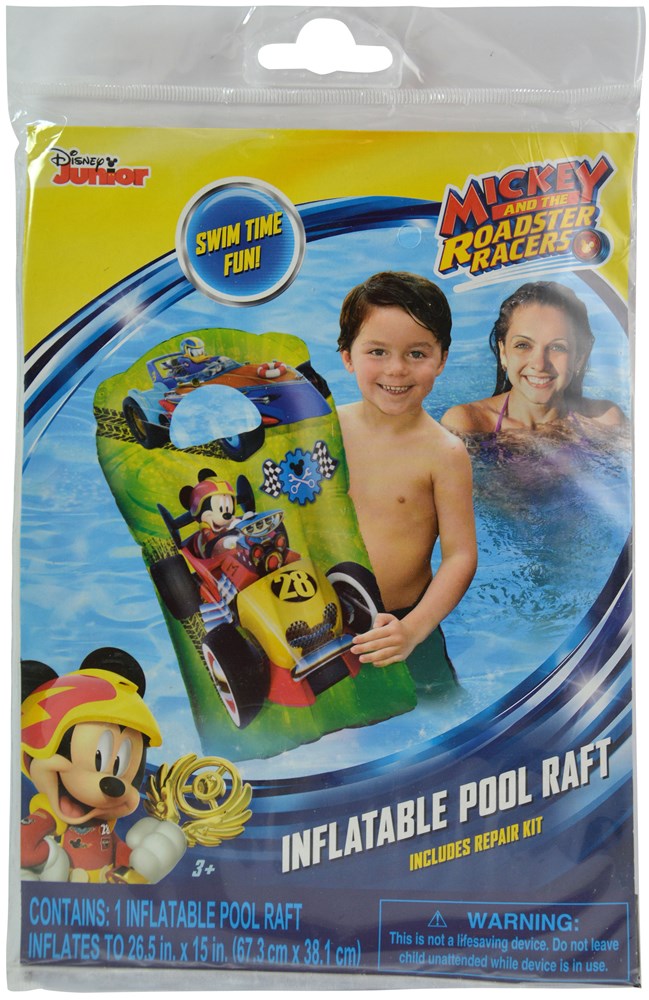Inflatable pool raft featuring Mickey Mouse and racing car graphics in bright colors, designed for kids, packaged in clear.