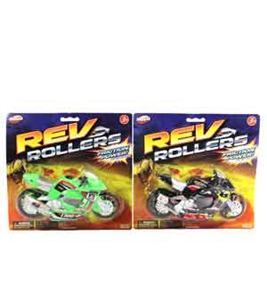 Set of two 6.75-inch plastic toy motorcycles, one green and one black, with detailed decals in colorful packaging labeled.