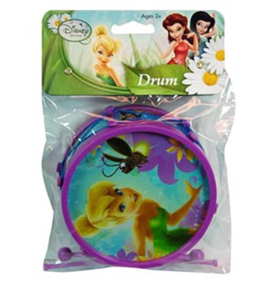 Small round purple plastic drum featuring Tinkerbell and fairy design on the drumhead with attached purple drumsticks.