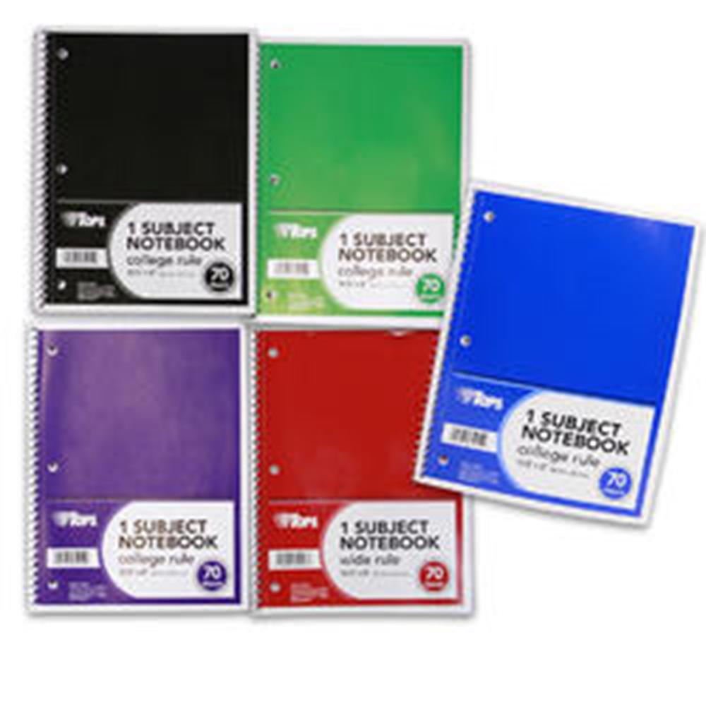 Five spiral-bound college-ruled notebooks in black, green, blue, purple, and red with 70 sheets each, labeled for one.