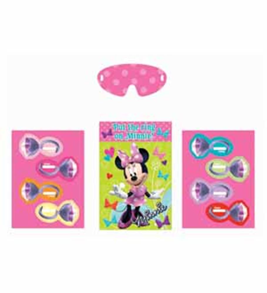 Minnie Mouse-themed party game cards with pink polka dot sleep mask and colorful character images.
