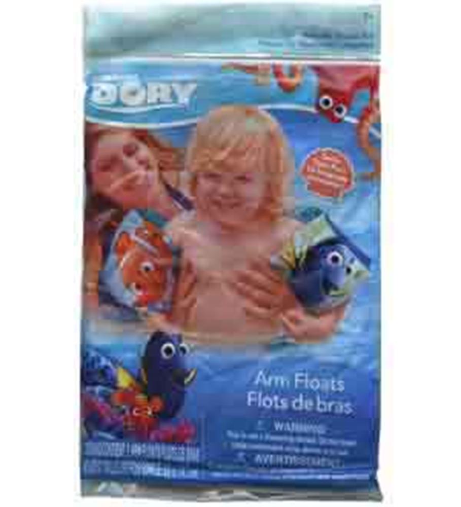 Blue inflatable arm floaties featuring Finding Dory characters with orange, blue, and yellow accents.