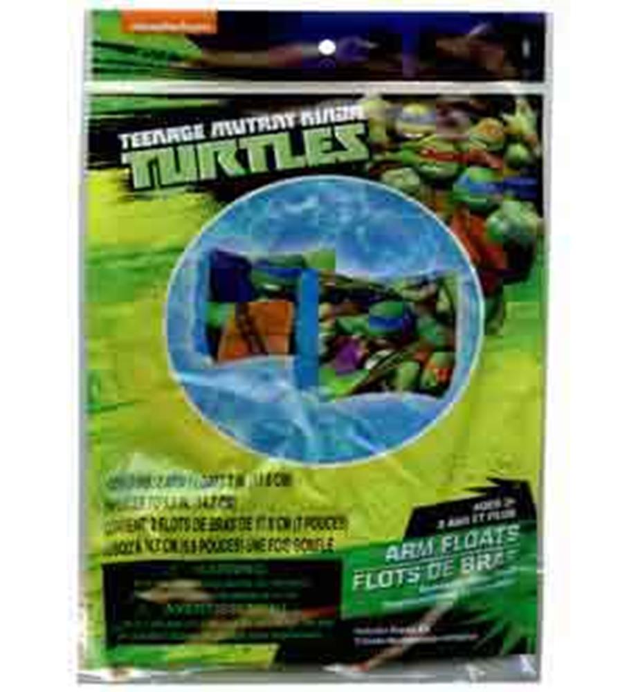 Green inflatable Teenage Mutant Ninja Turtles arm float with character print and blue background panel.