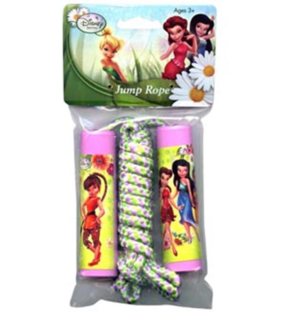 Tinkerbell-themed jump rope with pink handles and multicolored braided rope in clear packaging.