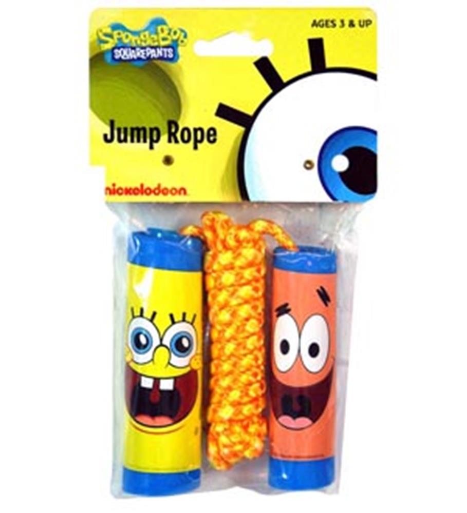 Jump rope with yellow SpongeBob handle and orange Patrick handle, bright braided cord.