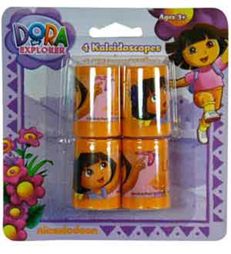 Set of four orange plastic mini kaleidoscopes featuring Dora the Explorer graphics in blister packaging.