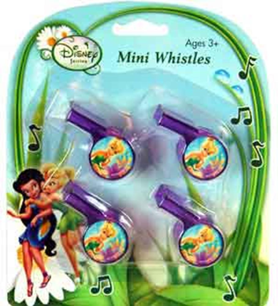Set of four purple plastic mini whistles featuring colorful Tinkerbell fairy illustrations on the round mouthpiece.