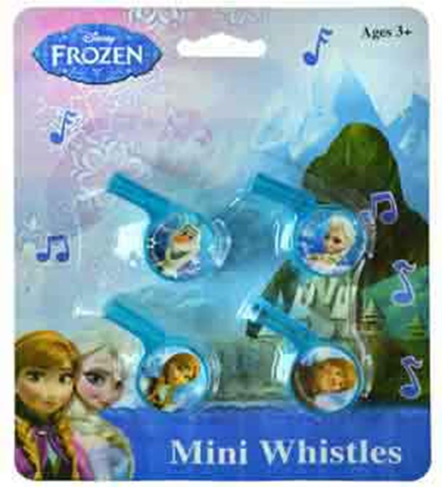 Set of four blue plastic mini whistles featuring Disney Frozen characters Anna, Elsa, and Olaf on round stickers.