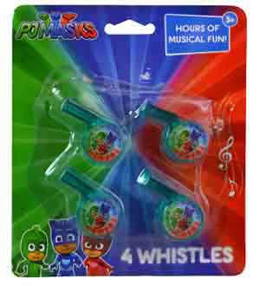 Set of four colorful plastic whistles in green, blue, red, and orange with PJ Masks character decals on each.