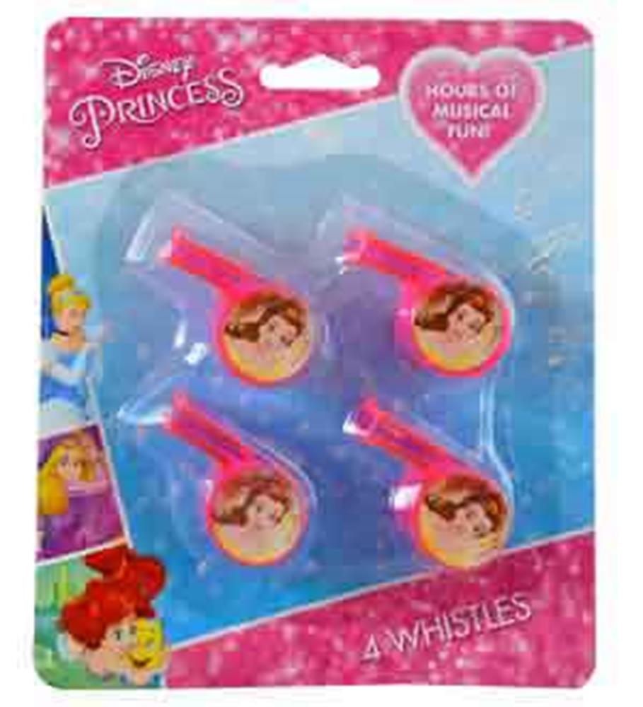 Set of four pink plastic mini whistles featuring Disney Princess Ariel's face on each whistle's circular base.