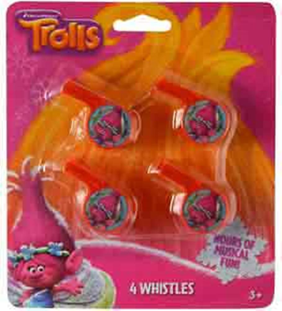 Set of four red plastic whistles featuring colorful Trolls character graphics on each.