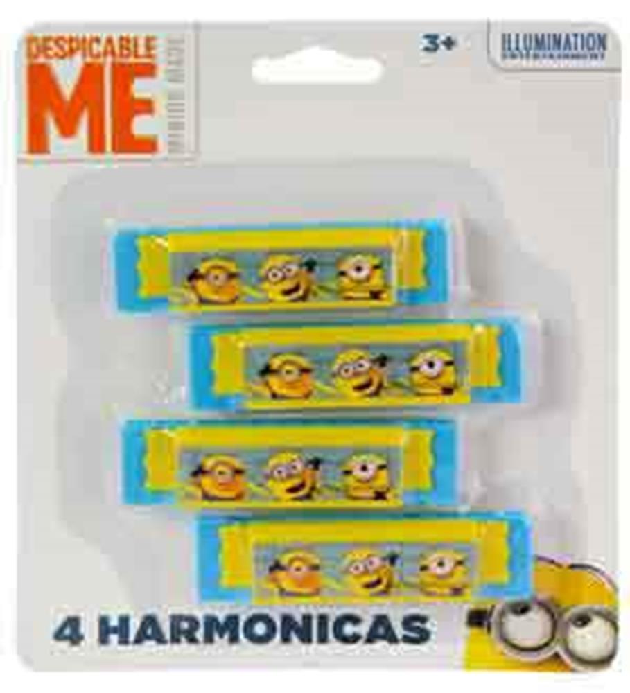 Set of four blue plastic harmonicas featuring Minions characters from Despicable Me on the front.