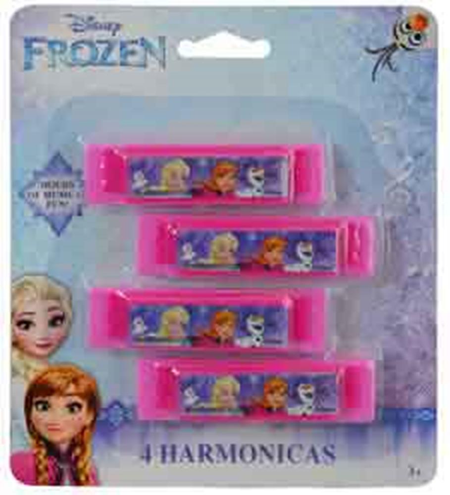 Set of four pink plastic mini harmonicas featuring Disney Frozen characters on a blue label strip.