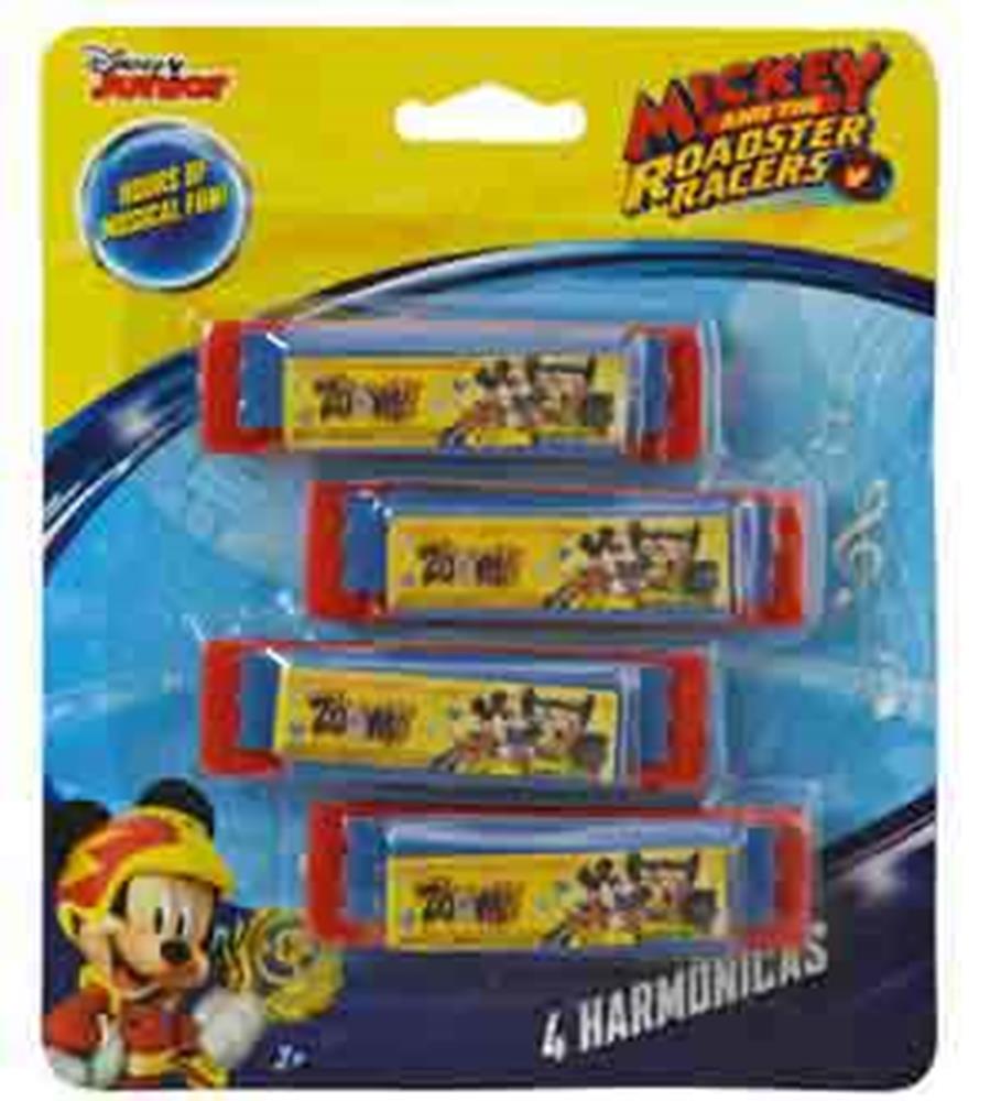 Set of four mini harmonicas with red ends and yellow panels featuring Mickey Mouse and friends from Mickey Roadster Racers.