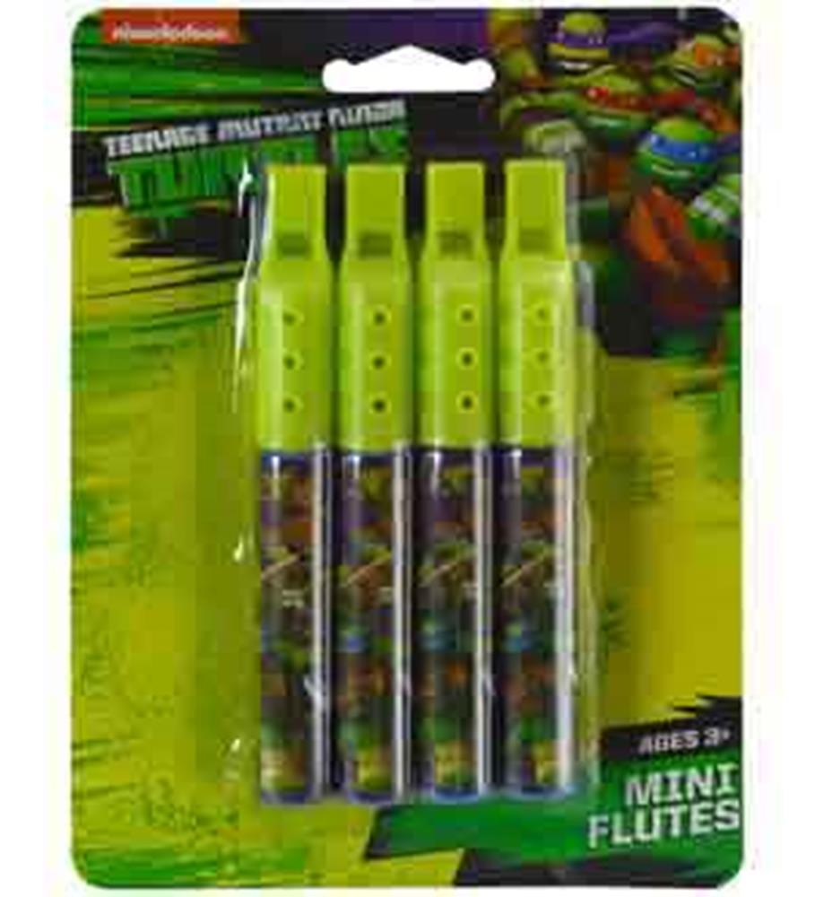 Set of four green plastic mini flutes with Teenage Mutant Ninja Turtles graphics on packaging.
