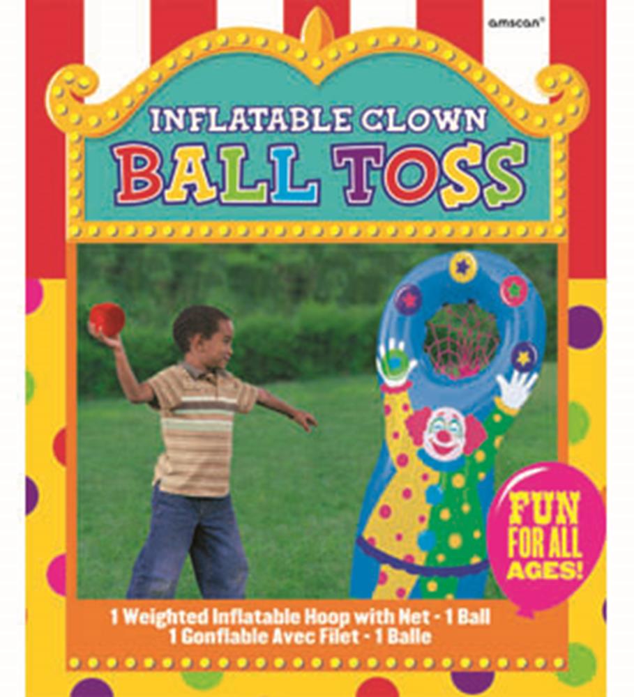 Colorful inflatable clown hoop with net and ball, designed for outdoor ball toss game.