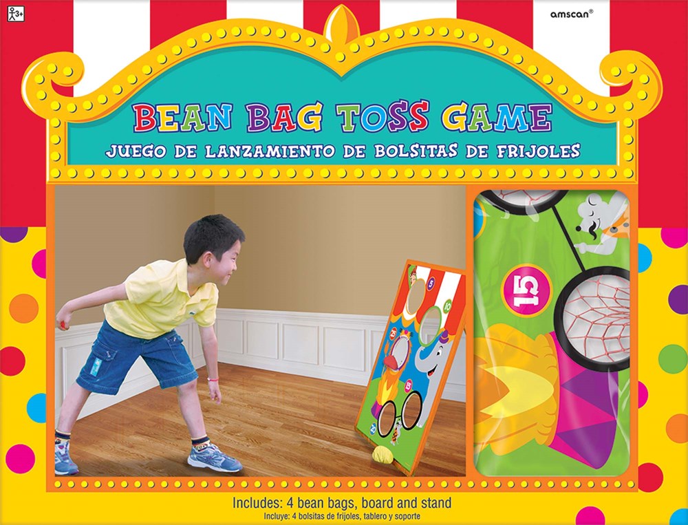 Colorful animal-themed bean bag toss game with wooden angled board featuring target holes and four small bean bags.