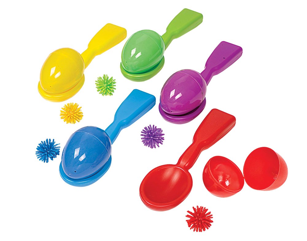 Colorful plastic egg-shaped scoops in yellow, green, purple, blue, and red with matching textured balls for relay games.