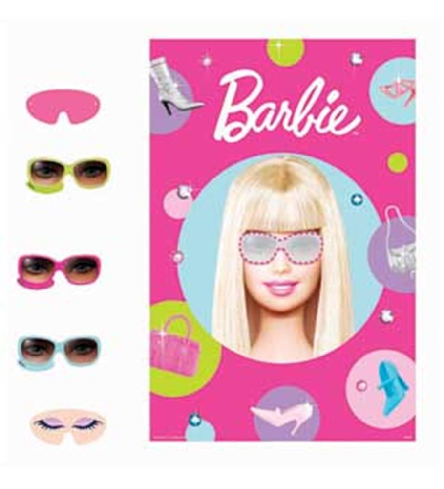 Barbie Party Game box with Barbie wearing glittery pink glasses on a pink background with colorful icons and four pairs of.