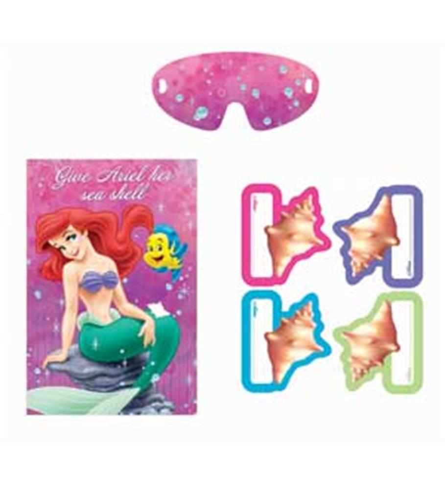 Pink sleep mask with glitter, Little Mermaid party game card featuring Ariel, colorful conch shell cutouts with matching.