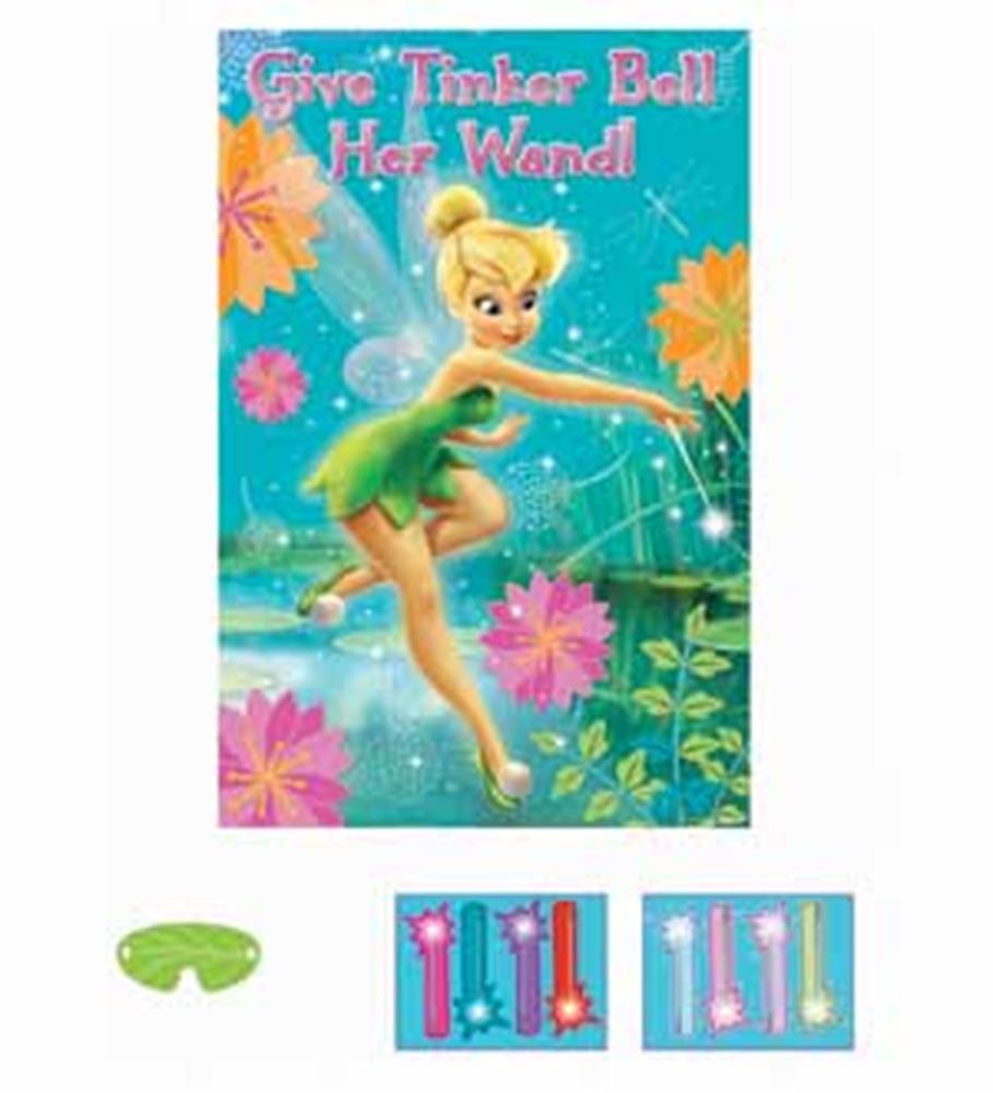 Tinkerbell-themed party game with colorful floral background, green blindfold, and pink and blue plastic wands with stars.
