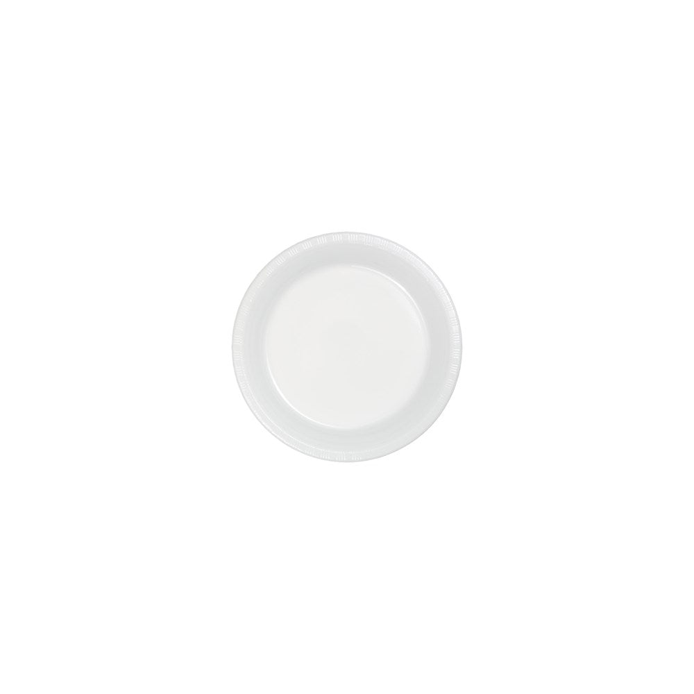Round white plastic plate with a smooth rim, measuring 7 inches in diameter.