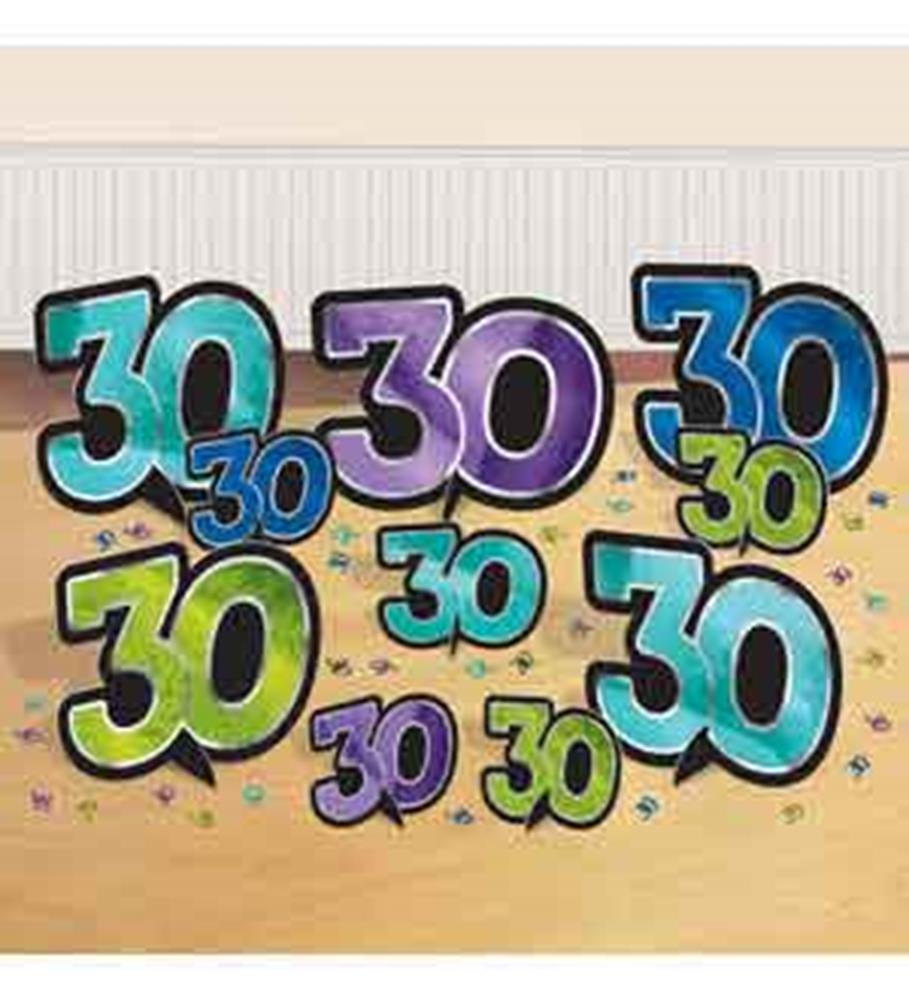 Colorful "30" table decorations in blue, purple, green, and teal with a festive confetti pattern and black outlines.