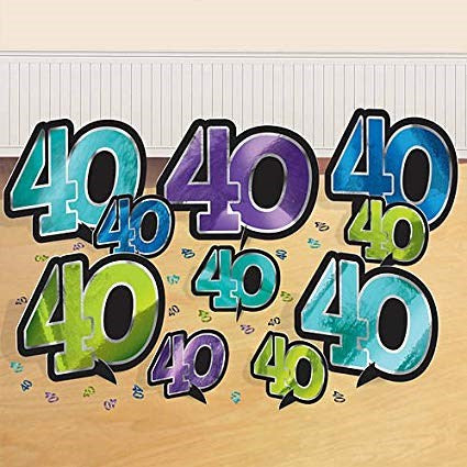 Colorful 40th birthday table decorations in teal, purple, green, and blue with black borders.