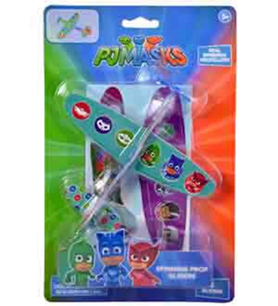 Two foam PJ Masks propeller gliders in green and purple with character decals, packaged in a branded card.