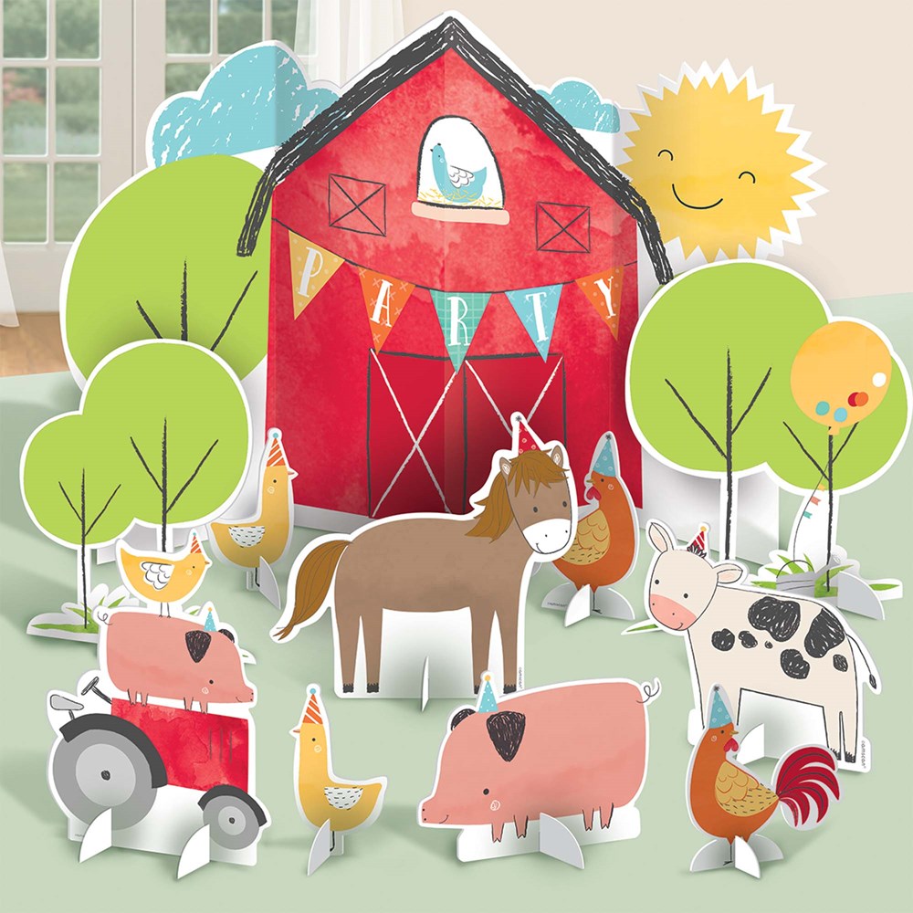 Colorful barnyard backdrop with red barn, green trees, sun, and farm animals including horse, pig, cow, rooster, and.