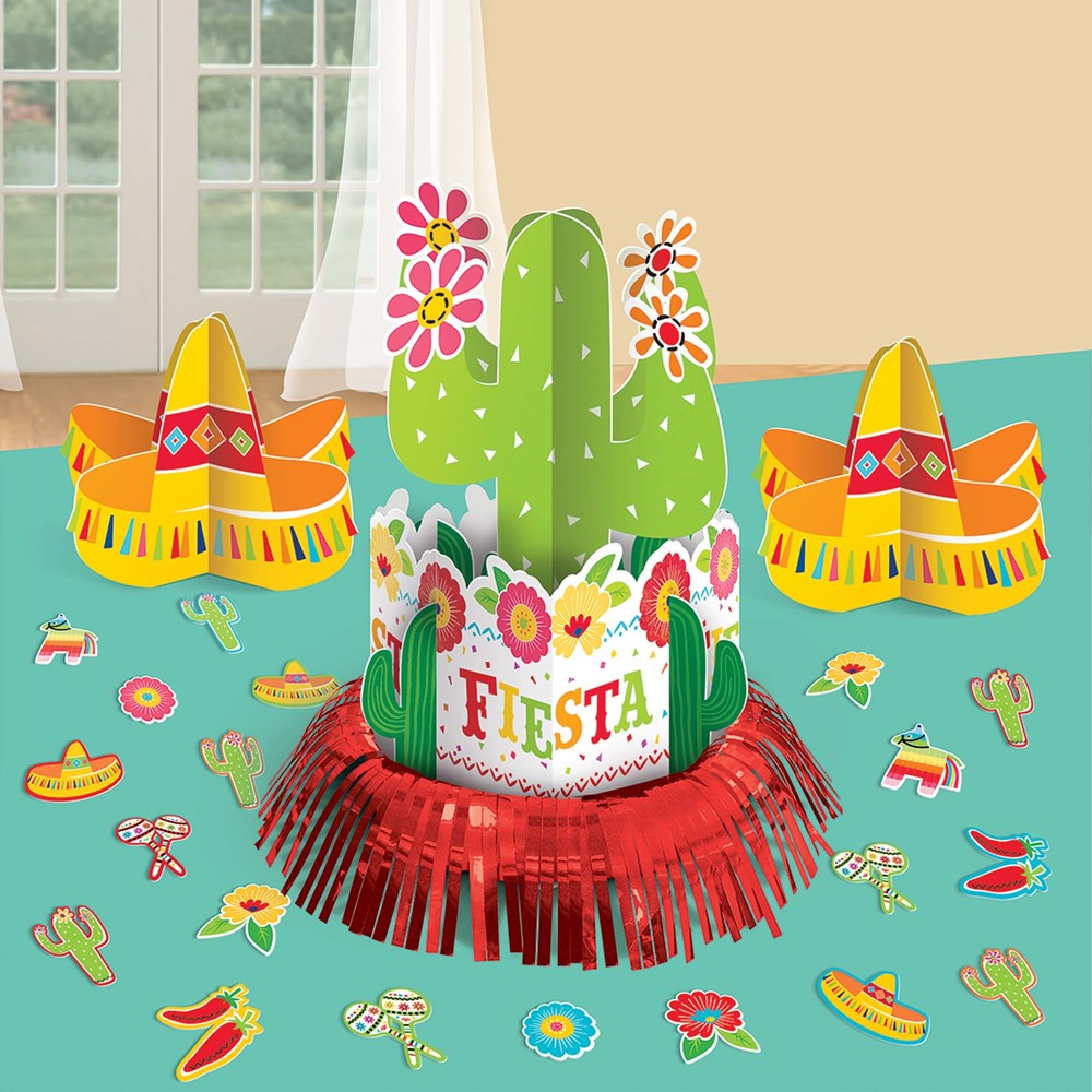 Colorful paper centerpiece with tall green cactus, pink and orange flowers, and red fringe base labeled Fiesta.