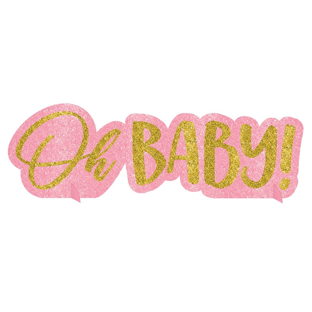 Pink and gold glitter "Oh Baby!" sign with cursive and bold lettering for baby shower decor.