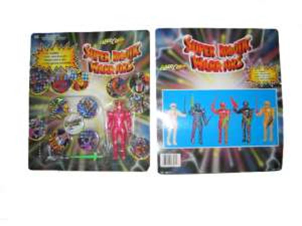 Five colorful action figure toys in futuristic warrior designs with packaging showing vibrant, cosmic-themed background and.