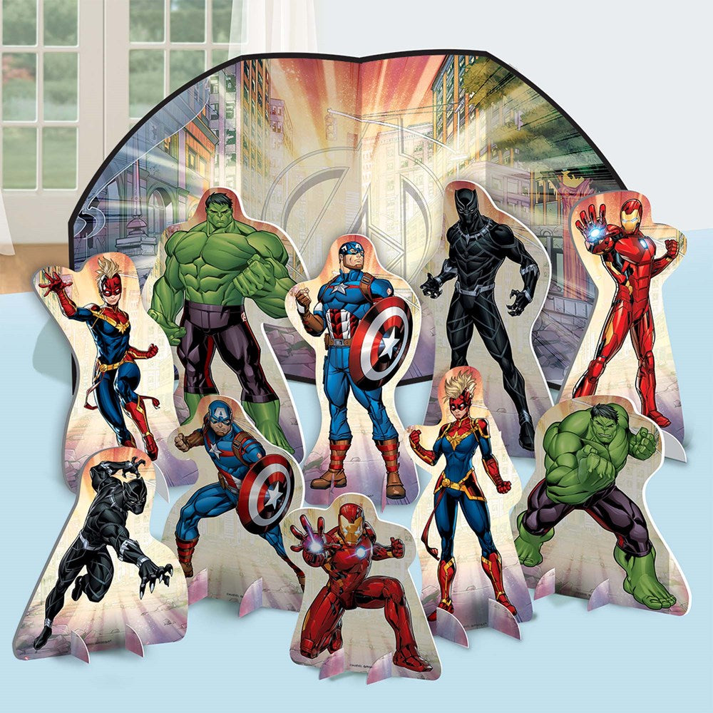 Set of colorful cardboard Marvel superhero standees featuring Hulk, Captain America, Iron Man, Black Panther, and Captain.
