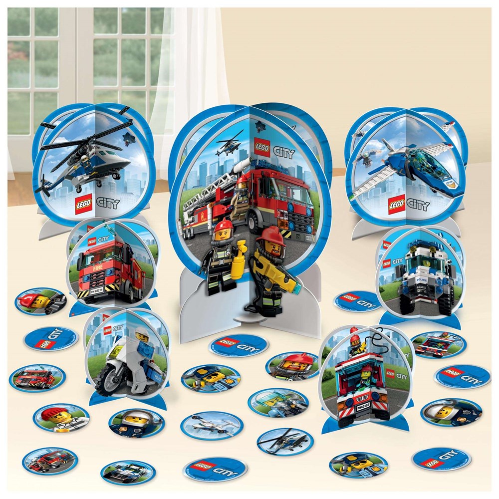 Blue circular Lego City centerpiece decorations featuring fire trucks, helicopters, and police vehicles with matching round.