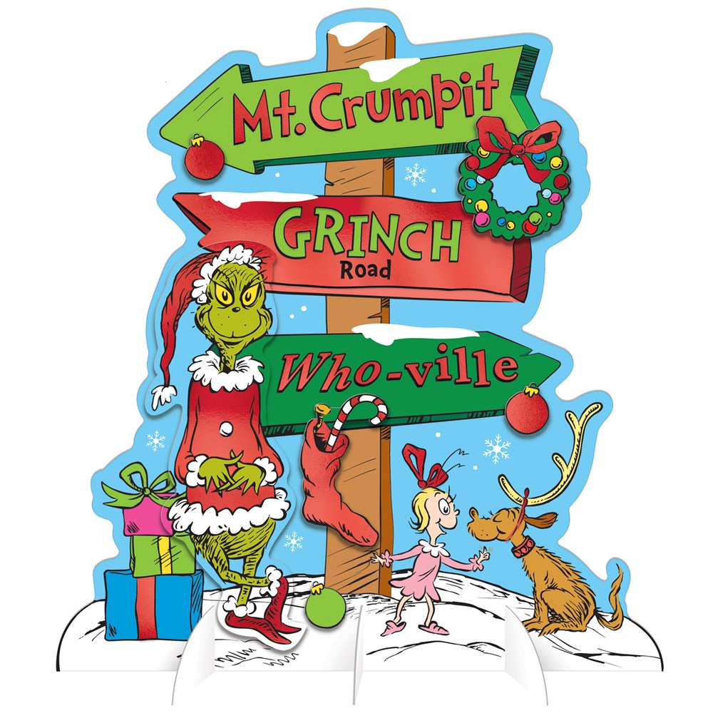 Colorful wooden directional sign with Grinch in Santa suit, labeled Mt. Crumpit, Grinch Road, and Who-ville, decorated with.