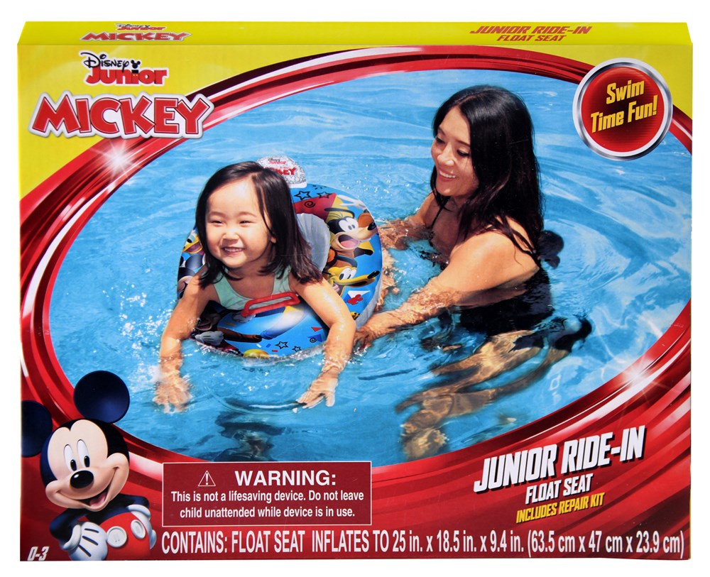 Blue and red inflatable Mickey Mouse Jr ride-on float with character ears for kids in pool.