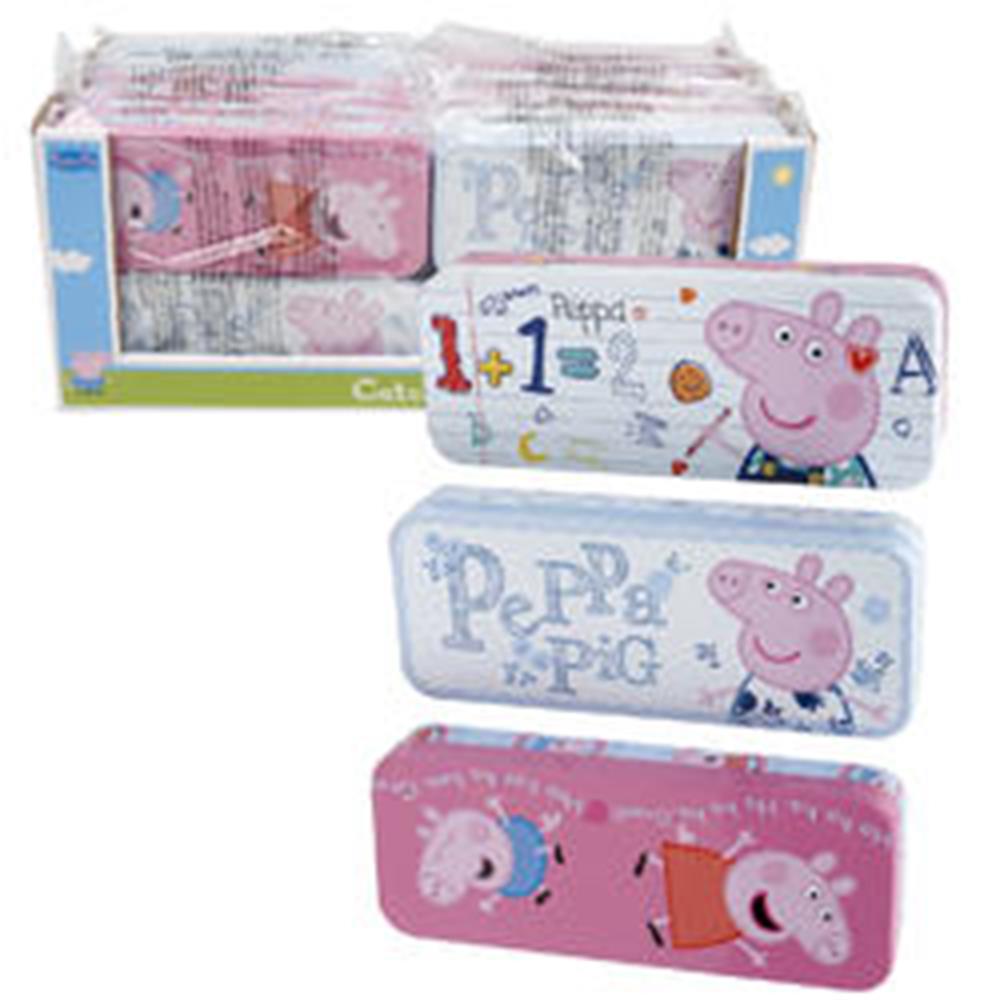 Set of three Peppa Pig pencil cases in pink and white, each featuring Peppa Pig graphics and playful typography.