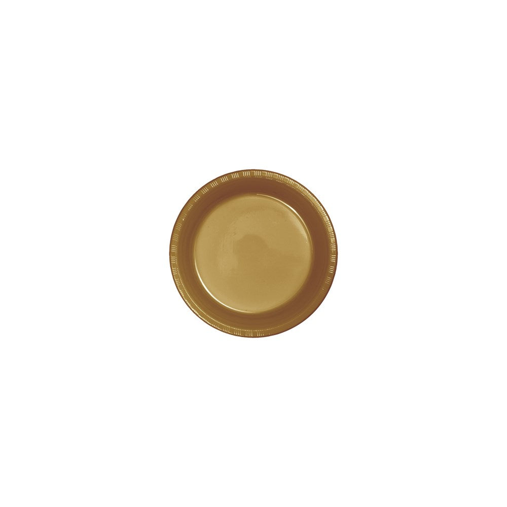 Round 7-inch glossy gold plastic plate with a subtle embossed rim design.