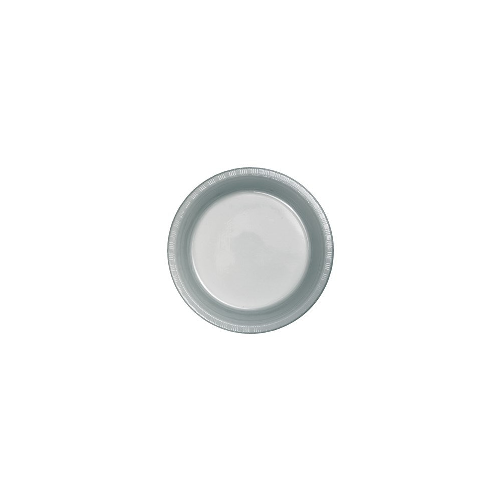 Round 9-inch plastic plate with a shimmering silver rim and solid silver center.