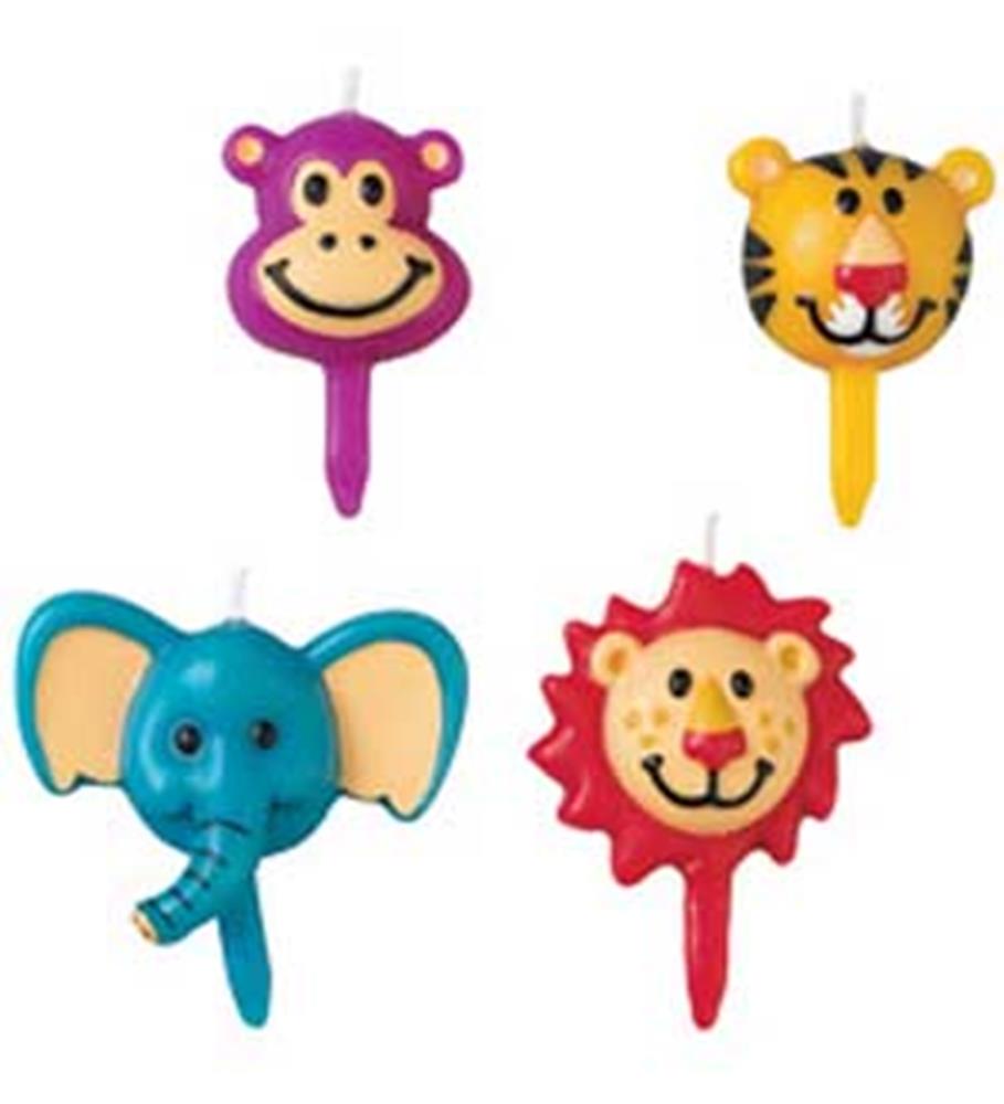 Colorful animal-themed birthday candles shaped like purple monkey, yellow tiger, blue elephant, and red lion faces.