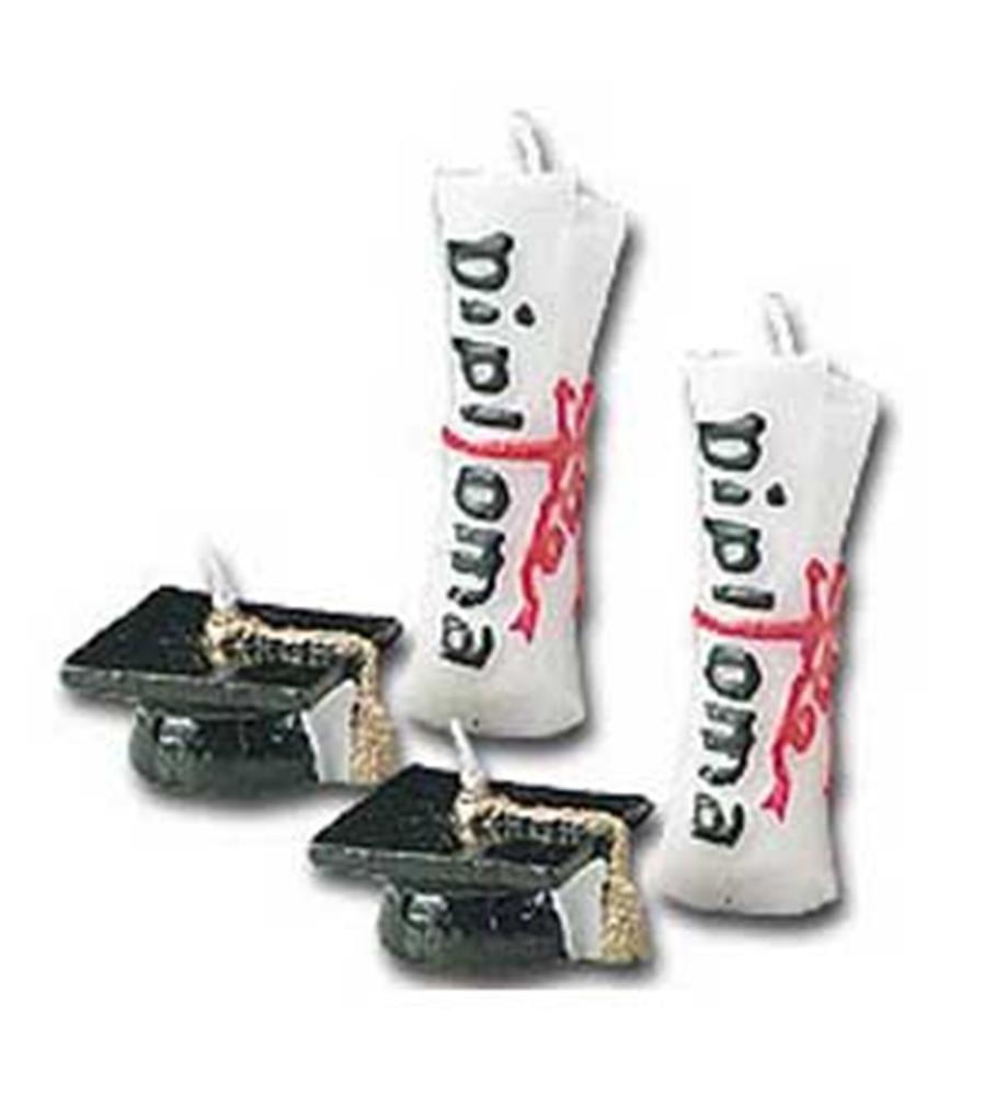 White candles shaped like diplomas with black and red lettering, paired with small black graduation cap candles with gold.