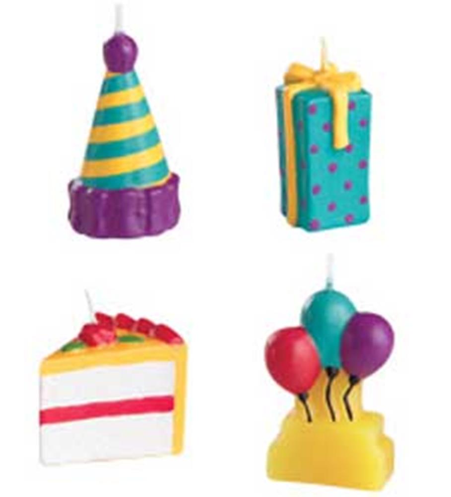 Set of four colorful party candles shaped like a striped party hat, wrapped gift, slice of cake, and yellow base with.