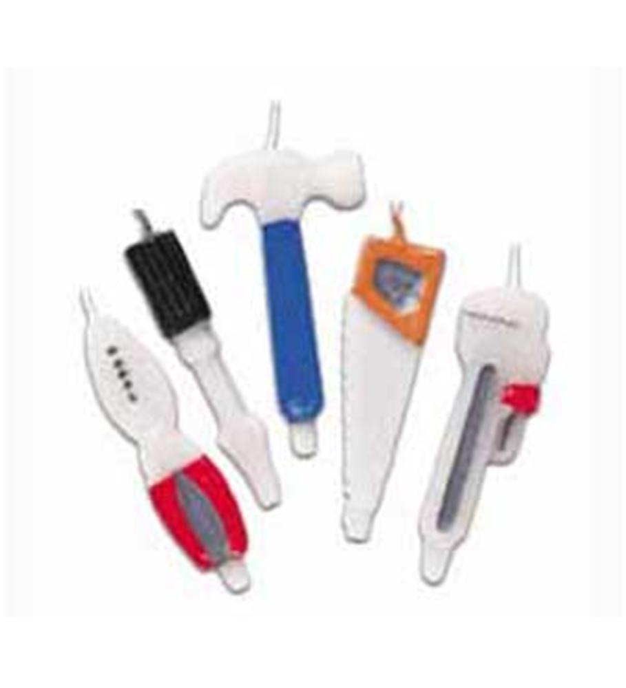 Assorted candles shaped like tools including pliers, paintbrush, hammer, saw, and utility knife with colorful handles.