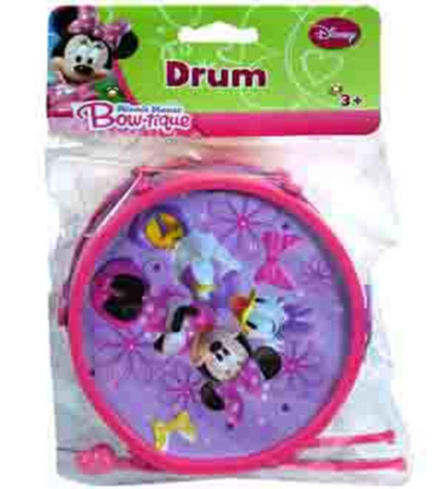 Pink round drum with Minnie Mouse and colorful bows design, includes red drumsticks.