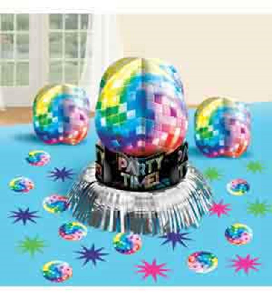 Colorful disco ball centerpiece with silver fringe and "Party Time" banner on blue tablecloth decorated with multicolored.