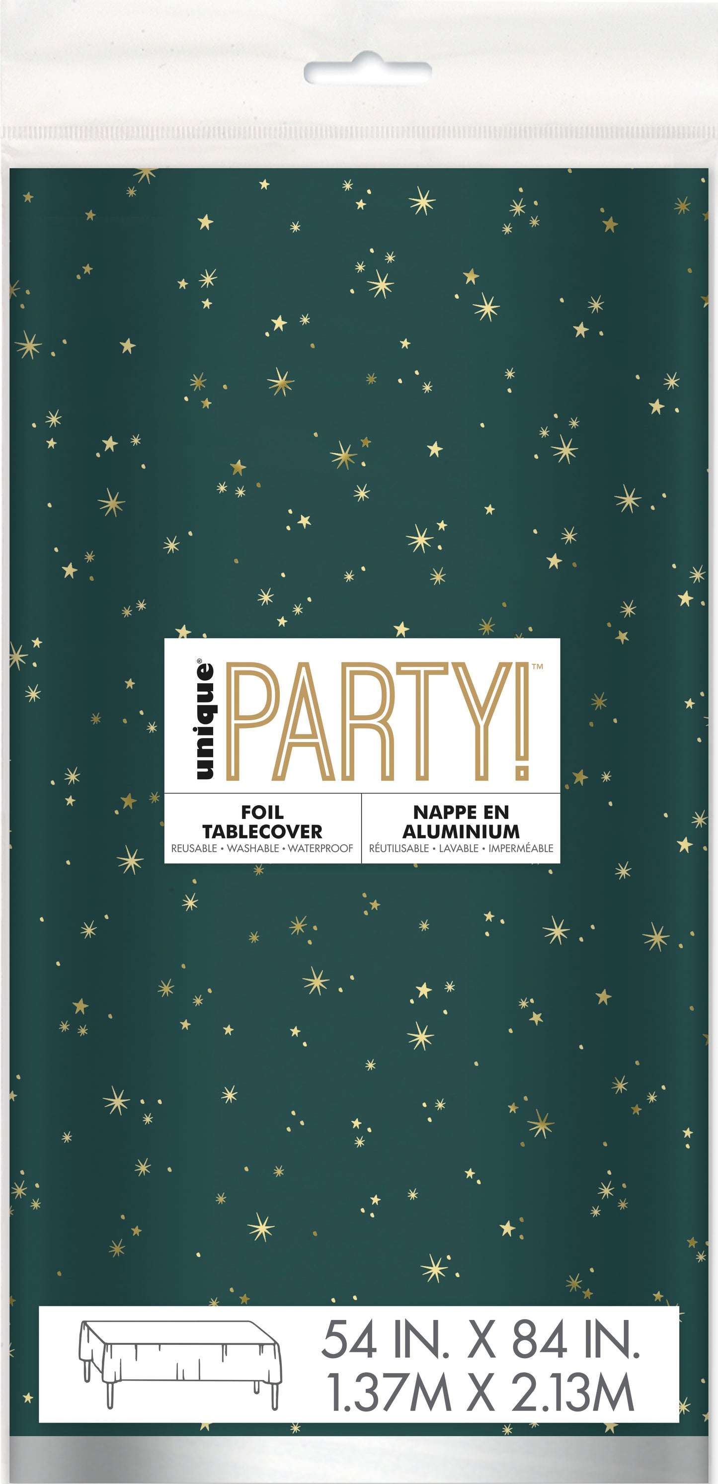 Green plastic tablecover with gold star and dot pattern, rectangular 54x84 inches, festive design.