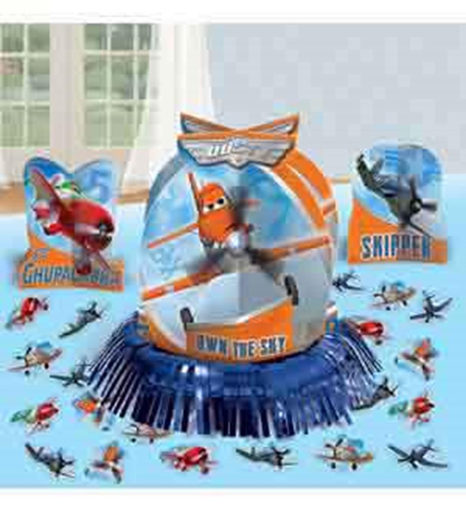 Disney Planes Dusty and friends table centerpiece with blue fringe base and character cutouts on blue tablecloth.