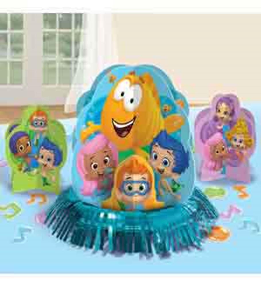 Bubble Guppies table decoration kit with colorful character cutouts and blue fringe base.